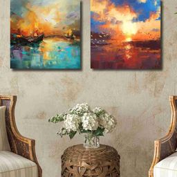 SAF Peach-Coloured & Blue 2-Pieces Abstract Printed Canvas Wall Art-33