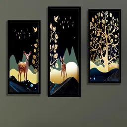 SAF Black & Beige 3 Pieces Deer & Tree Painting Water Proof Wall Arts-image-78