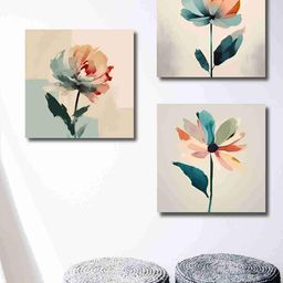 SAF Peach-Coloured & White 3 Pieces Floral Printed  Canvas Wall Art-27