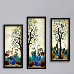 SAF Beige & Blue 3 Pieces Deer & Tree Painting Water Proof Wall Arts-image-79