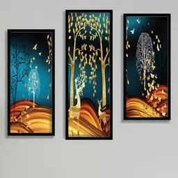 SAF Blue & Beige 3 Pieces Tree And Deer Painting Wall Art-image-100