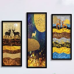 SAF Blue & Brown 3 Pieces Deer Painting Wall Art-11