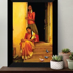 SAF Yellow & Black Traditional Women Painting Wall Art-4