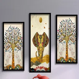 SAF White & Blue 3 Pieces Elephant & Tree Painting Water Proof Wall Arts-image-80