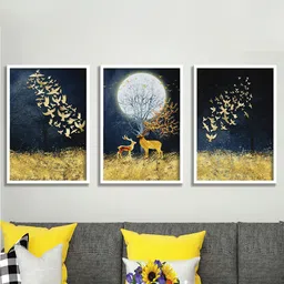 SAF Blue & Yellow 3 Pieces Nature Painting Wall Arts-image-88