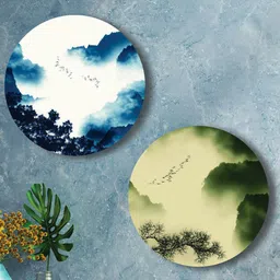 SAF Green & White 2 Pieces Sky & Tree Round Shape Framed Painting Wall Art-23