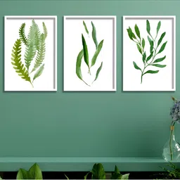 Aura White & Green 3 Piece Wood Floral and Botanical Wall Paintings-image-56