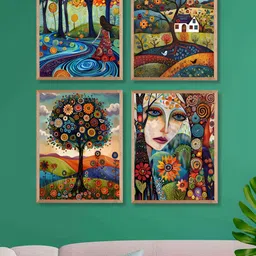 SAF Green & Blue 4 Piece Birds and Animals Wooden Painting Wall Art-54