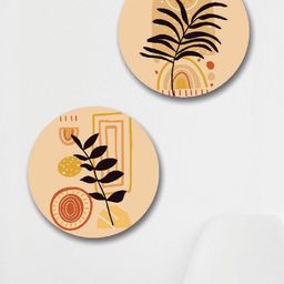 SAF Peach Colored 2 Pieces Abstract Leaves Round Shape Framed Painting Wall Art-20