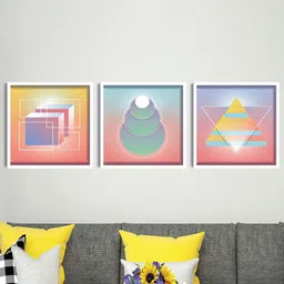 SAF Blue & Yellow 3 Pieces Geometrical Art Printed UV Coating Finish Framed Wall Paintings-image-55