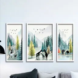 SAF Green & White 3 Pieces Tropical Tree And Deer Painted UV Coating Wall Art-image-28