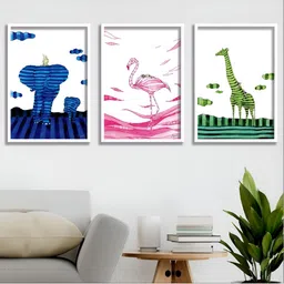 Aura White & Blue 3 Piece Wood Birds and Animals Wall Paintings-64
