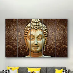 SAF Brown & Yellow 5 Pieces Buddha UV Textured MDF Wall Art Painting-21