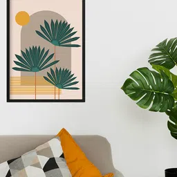 Happening Hippo Beige & Green Palm Levaed Painted Framed Wall Art-55