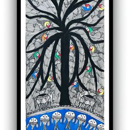 ARTDARSHAN White & Blue Madhubani Life of Tree Painting Wall Art-image-14