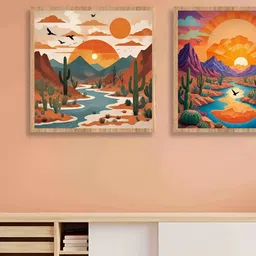 SAF Beige & Orange 2 Piece Wooden Painting Wall Art-28