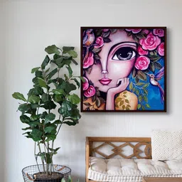 999Store Pink & Blue Flower & Bird with Romi Lerda Art Canvas Painting-30