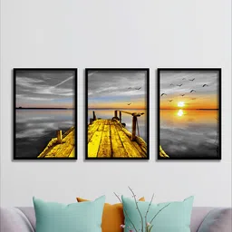 SAF Grey & Yellow 3 Pieces Water Bridge & Sun Painting Waterproof Wall Arts-22