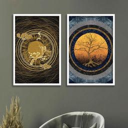 SAF Beige & Blue 2 Pieces Traditional Art Printed Framed Wall Paintings-8