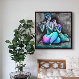 999Store Grey & Blue Radha Krishna Playing Flute Art Canvas Painting-image-79
