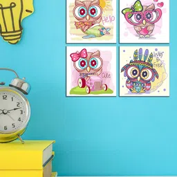WENS Kids White & Pink Set Of 4 Cartoon Laminated Owl Printed Wall Art For Kids-23