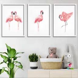 Aura White & Pink 3 Piece Wood Birds and Animals Wall Paintings-image-69