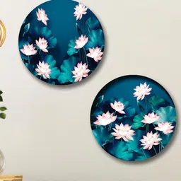 SAF Blue & Pink 2-Pieces Lotus Flower Printed Round Wall Art-16