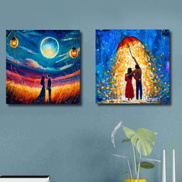 SAF Blue & Yellow 2 Pieces Couple Theme Canvas Painting Wall Art-image-60