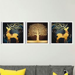 SAF Black & Brown 3 Pieces Deer Printed Framed Wall Art-11