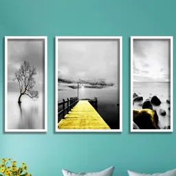 SAF 3 Pieces Grey & Black Water Bridge & Tree Painting UV Coating Wall Art-image-18