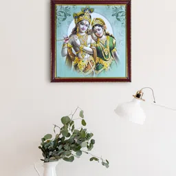 Gallery99 Green & Blue Lord Krishna & Radha Religious Textured Framed Wall Art-image-82