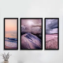 SAF Purple & Peach 3 Pieces Sea Waves & Mountain Painted Wall Art-2