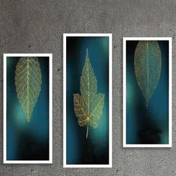 SAF Blue & Green 3 Pieces Golden Leaves Painting Framed UV Coating Wall Arts-picture-1