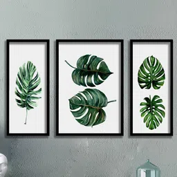 SAF 3 Pieces Green & White Tropical Leaves Painting Framed Wall Art-10