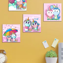WENS Set Of 4 White and Pink Cute Cartoon Unicorn Wall Art Panels-32
