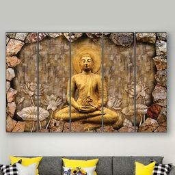 SAF Brown & Gold Colored 5 Pieces Buddha UV Textured MDF Wall Art Painting-27