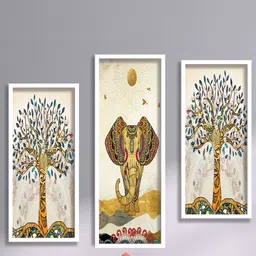 SAF Cream-Color & Mustard Yellow 3 Pieces Elephant And Tree Printed Wall Art-image-7