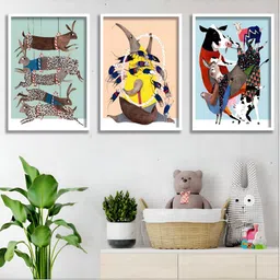 Aura Blue & Yellow 3 Piece Wood Birds and Animals Wall Paintings-image-35