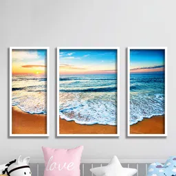 SAF Blue & White 3 Pieces Sea & Waves Painted UV Coating Wall Art-image-75