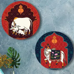 SAF Red & Blue 2-Pieces Pichwai Cow Printed Round Wall Art-10