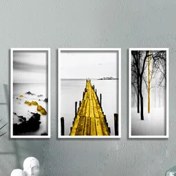 SAF Grey & Black 3 Pieces Water Bridge and Tree Painted UV Coating Wall Art-image-72