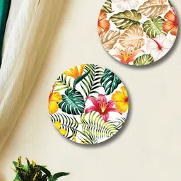 SAF White & Green 2 Pieces Abstract Tropical Leaves Round Shape Framed Painting Wall Art-image-19