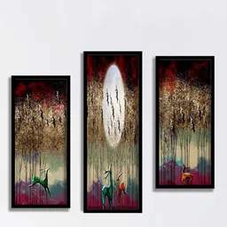 SAF Beige & Red 3 Pieces Abstract Deer Painting Water Proof Wall Arts-0