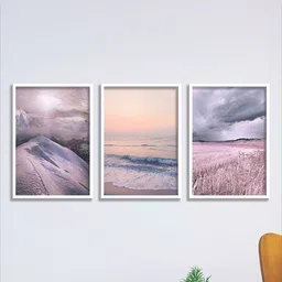 SAF Purple & Peach Coloured 3 Pieces Sea Waves & Mountain Painting Wall Art-9