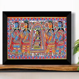 SAF Red & Blue Madhubani Traditional Painting Framed UV Coating Wall Art-3