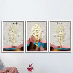 SAF 3-Pcs White & Golden Nature Painting Wall Art-image-77