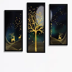 SAF Black & Gold Toned 3 Pieces Tree & Deer Painting Wall Art-image-63