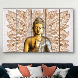SAF Beige & Gold 5 Pieces Colored Buddha UV Textured MDF Wall Art Painting-image-50