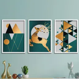 SAF  Green & White 3-Pieces Abstract Printed Framed Wall Art-image-63