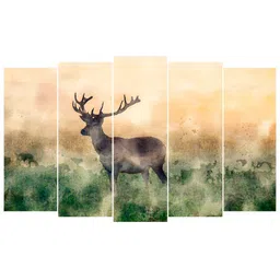 Inephos Green and Brown 5 Pieces Birds and Animals Printed Canvas Wall art-19
